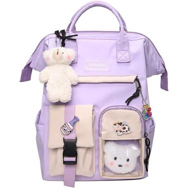 Imagem de Linda mochila pastel, mochila kawaii para meninas adolescentes, bolsas de estudante estéticas com alfinete kawaii e acessórios fofos, bolsa de livro, roxo-f