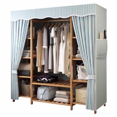 Imagem de Guarda-roupa Novo armário de guarda-roupa duplo reforçado engrossado madeira maciça pendurado guarda-roupa borla listra azul oxford pano tecido armário armário