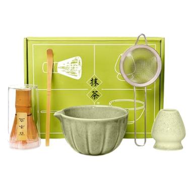Imagem de Zavuni conjunto de batedor matcha e tigela – conjunto kit matcha | jogo de chá matcha | batedor de bambu e tigela com bico, porta-batedor, colher e peneira (coador) - kit de preparação de ma