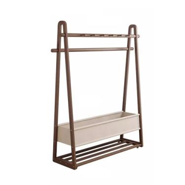 Imagem de LICONG-2019 Cabideiro de chão de madeira maciça, suporte de armazenamento móvel com rodas, hall de entrada, quarto com saco de pano, suporte para cabide para pendurar no chão (nogueira, pequeno)