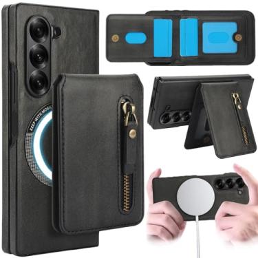 Imagem de Fofvccv Capa magnética destacável 2 em 1 para Samsung Galaxy Z Fold 6, compatível com MagSafe Capa carteira com suporte para cartão de suporte, bloqueio de RFID, bolsa de couro com zíper para Z Fold6