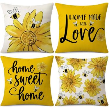 Imagem de Coeufuedy Capas de almofada de girassol 45 x 45 cm flores amarelas abelha casa doce lar primavera verão capa de almofada decorativa para sofá sofá sala de estar conjunto de 4