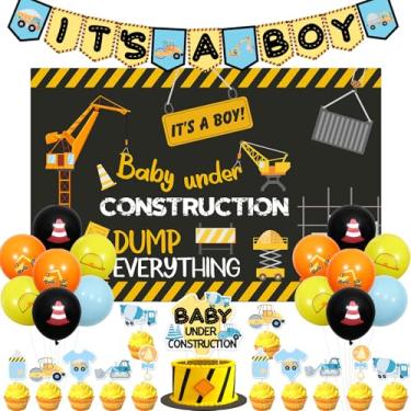 Imagem de Balterever Construction Baby Shower Decorations for Boys With Construction It’s a Boy Banner Dump Truck Cake Cupcake Toppers Construction Baby Shower Backdrop for Under Construction Theme Party