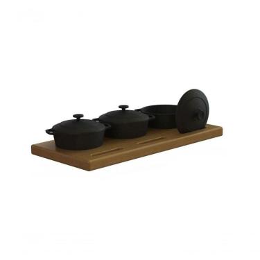 Imagem de Conjunto 03 Panelinhas Ferro Fundido E Aparador Madeira