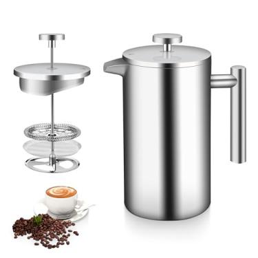 Imagem de Cafeteira De Prensa Francesa De Aço Inoxidável 304, Cafeteira De Prensa Francesa De 1000ML Com Filtro De 4 Camadas, Prata