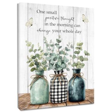 Imagem de EOBTAIN Arte de parede em tela de folha de eucalipto casa de banho planta rústica em garrafas em tábua de madeira vintage emoldurada arte de parede positiva inspiradora decoração de parede para sala