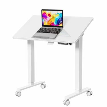 Imagem de Liftsync Mesa de vidro de 89 cm, mesa de elevação móvel inclinável de 90°, altura ajustável, mesa de suporte para sentar com rodas, mesa dobrável para laptop pequena, branca
