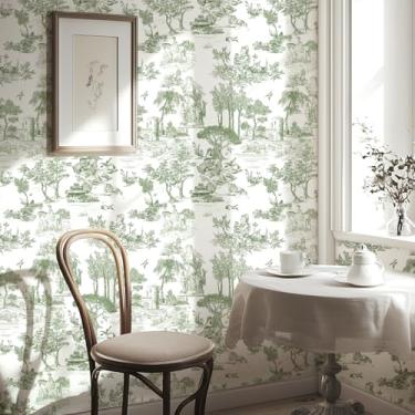 Imagem de WENMER Papel de Parede Toile, 45 x 299 cm, Verde e Branco, Toile de Jouy, Vintage, para Quarto, Paredes, Armário, Decoração