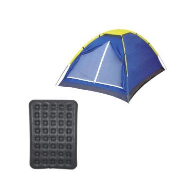 Imagem de Kit Colchão Inflável Casal Deluxe Comfort  Barraca Camping Iglu Azul 3