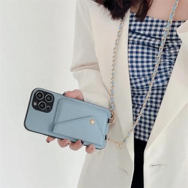 Imagem de Capa de telefone tipo carteira com cordão e tira transversal para iPhone 15 14 13 12 11 Pro Max XR XS X 8 7 SE 2 3 Porta-cartões com alça de corrente e cordão, azul-celeste, para iPhone 11
