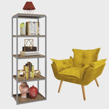 Imagem de Kit Poltrona Fatte com Estante Livreiro Ferro Cinza mdf Freijó Suede Amarelo - Ahazzo Móveis