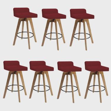 Imagem de Kit 07 Banqueta Alta Com Encosto Giratória Rute Madeira Balcão Bistrô Cozinha Sintético Vermelho - Ahz Móveis