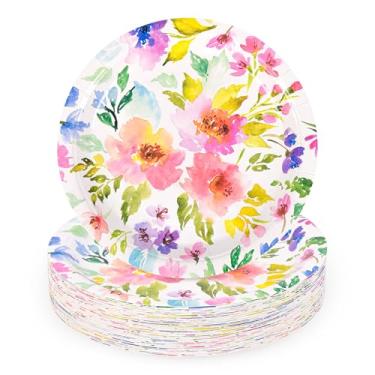 Imagem de Elyxio 48 peças de pratos de papel floral primavera verão flores descartáveis festa sobremesa prato 18 cm aquarela roxo rosa buquê prado pratos para aniversário, casamento, bebê, chá de panela