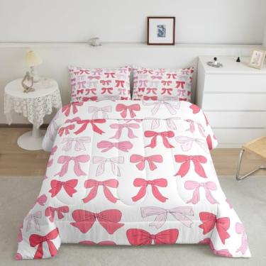 Imagem de jejeloiu Conjunto de cama feminino com laço rosa e branco com laço fofo para crianças, conjunto de edredom com estampa de laço, conjunto de edredom tamanho casal para decoração de quarto, fofo,