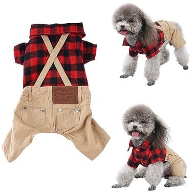 Imagem de Roupas para cães pequenos, camisa xadrez vermelha, macacão cáqui, calça macacão, roupas legais para animais de estimação para cães pequenos, gatos, meninos, meninas, jeans, macacões, roupas de pijama