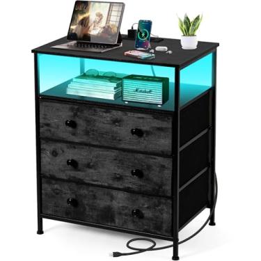 Imagem de PATAVOT Cômoda Com 3 Gavetas E Estação De Carregamento, Mesa Cabeceira Led 24 Polegadas Largura Gaveta Tecido Ajustável, Prateleira Armazenamento Para Sala Estar/Quarto/Escritório, Preta.
