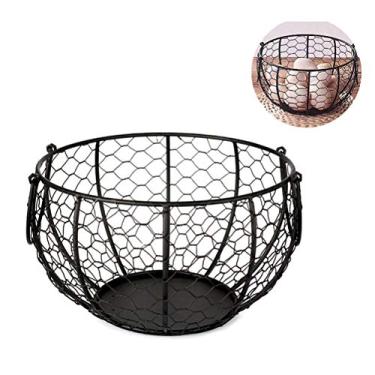 Imagem de Cesta de ovos de arame de fazenda, suporte redondo de metal para ovos de galinha com alça, cesta de frutas rústica vintage para coletar ovos frescos, armazenamento de bancada, decoração de cozinha
