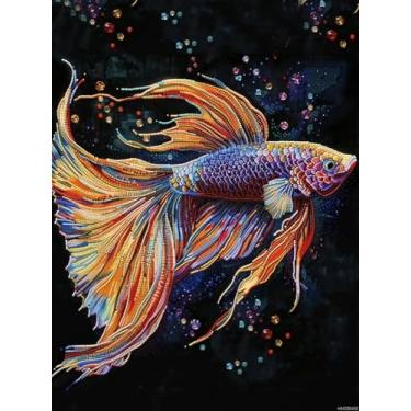 Imagem de HMDIIMGE Kit de pintura de diamante 5D colorido de peixe Betta DIY para adultos pintura artística de diamante redondo completo fácil para iniciantes pedras de ponto cruz artesanato em mosaico para