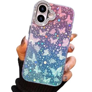 Imagem de I-MGAE-IN-AR Capa compacta para iPhone 16 com design de borboleta, moldura de proteção de lente de câmera de diamante 3D, capa protetora de TPU macia e macia à prova de choque para mulheres meninas