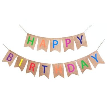 Imagem de Shimmer Anna Shine Burlap Happy Birthday Banner for Birthday Party Decorations (Multi Color Print)