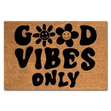 Imagem de Capacho de coco engraçado Good Vibes Only Welcome Front Porch Patio Garage Decor Tapete externo para entrada Tapete personalizado com suporte de PVC resistente, capacho antiderrapante para presente ao