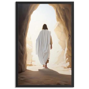 Imagem de Arte de parede de Jesus com moldura preta He Is Risen, Jesus Alive Poster para decoração de parede de igreja - impressões em tela de arte cristã imagem pendurar para casa sala de estar quarto