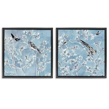 Imagem de Stupell Industries Conjunto de tela flutuante emoldurada preta com pássaros sobre azul da serenidade cunhada por Melissa Wang, 63 x 63 cm