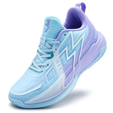 Imagem de Bolognifi Tênis de basquete masculino leve e durável para partidas de treinamento esportivo ao ar livre Equipamento de basquetebol(Blue+purple-6,34 BR)