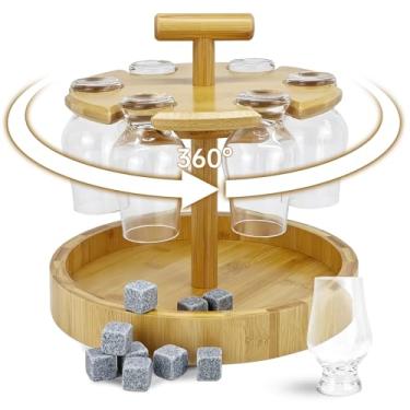 Imagem de ZibugZag Suporte giratório de vidro para uísque de bambu de 360° – compatível com copos Glencairn, suporte de 6 vidros com alça em T e bandeja, acessório de barra de bambu laqueado premium