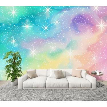 Imagem de Papel de parede mural de parede moderno com estampa de galáxia arco-íris fantasia repetir impressão em nuvem autoadesivo removível adesivos de parede para sala de estar quarto TV fundo 169 x 242 cm