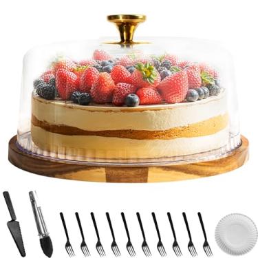 Imagem de Suporte de bolo, suporte de bolo de madeira de 30,5 cm com cúpula, suporte de sobremesa com tampa de acrílico, bandeja de servir aperitivo de sobremesa e queijo para festas, aniversários, casamentos