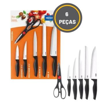 Imagem de Jogo Conjunto Facas Tesoura Cozinha Aço Inox Brinox Kit 6 Un