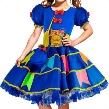 Imagem de Vestido Festa Junina Infantil Luxo Azul Royal Com Bandeirinhas e Bolsa