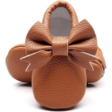 Imagem de Bebila Mocassins de bebê com franjas de laço duplo - Sapatos de bebê com sola macia para meninas e crianças pequenas, Marrom 1, 12-18 Months Toddler