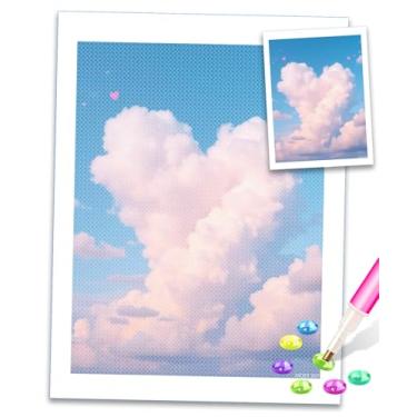 Imagem de Kits de arte de diamante com nuvens de coração, céu azul, corações rosa, para adultos, faça você mesmo, 5D, para decoração de parede de casa, kits de pintura de diamante sem moldura para adultos