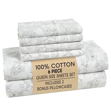 Imagem de Casa Platino Jogo de lençóis Queen Size 100% algodão – 6 peças (1 lençol de cima, 1 elástico, 4 fronhas) – tecido percal macio e respirável – Lençóis refrescantes com bolso profundo – Conjunto de