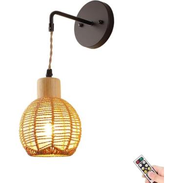 Imagem de Arandelas De Parede Operadas Por Bateria, Luminárias De Parede De Rattan Sem Fio Recarregáveis, Não Lâmpada De Parede Regulável Com Controle Remoto Para Quarto, Sa, One Color, Set of 1