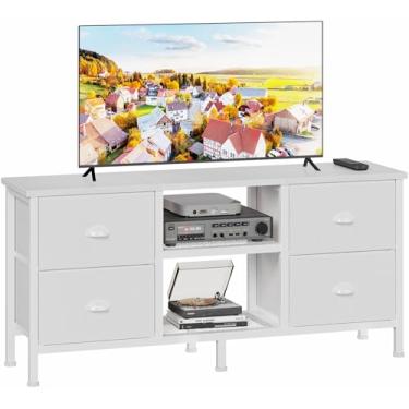 Imagem de Furologee Cômoda de TV com 4 gavetas, centro de entretenimento com prateleira aberta, suportes de televisão pequenos para TV de 50 polegadas, centro de mídia para quarto, sala de estar/branco
