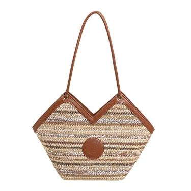 Imagem de ZOCILOR Bolsa feminina de ombro de palha com acabamento em couro PU, bolsa de praia grande, bolsa leve casual de verão, Bege
