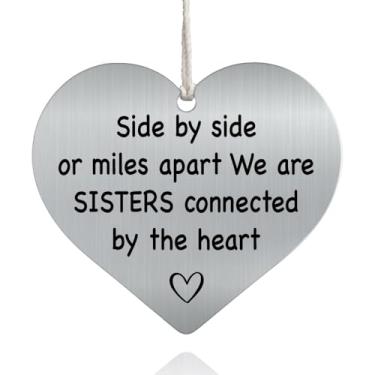 Imagem de XQLZY Side by Side Or Mile Apart We are Sister Connected by The Heart Pingente de carro espelho retrovisor de aço inoxidável, pingente de coração de carro da amizade, presente para amigos, enfeite