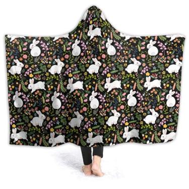 Imagem de Cobertor com capuz de coelho branco com flor, cobertor de flanela para mulheres, homens, macio, aconchegante, cama, sofá, cobertor usável para crianças, meninas, meninos — pequeno 127 x 101,6 cm