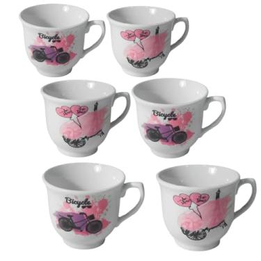Imagem de Conjunto de 6 Canecas de Cerâmica, 150ml, Design Bicicleta e Flores, Rosa e Branco