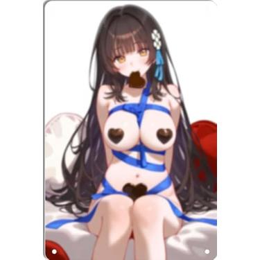 Imagem de DKLOWK Pôster de metal quente de menina anime fofo biquíni sexy placa de decoração de parede para casa bar clube quarto banheiro homem caverna Otaku 30,5 x 40,6 cm