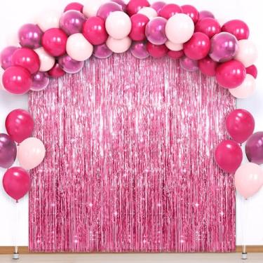 Imagem de KatchOn, Pink Party Decorations Kit – 2X Fringe Backdrop Curtain (3.2x8 ft) & 60 Balloons | Hot Pink, Light pink & Balloons for Birthday, Baby Shower, Bachelorette | Birthday Decorations Party