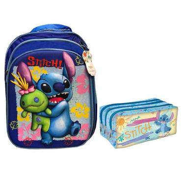 Imagem de Kit Mochila E Estojo Escolar Infantil Triplo Stitch Azul - Dac