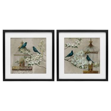 Imagem de Stupell Industries Conjunto de impressão emoldurada preta Spring Bluebirds Menagerie 2 peças por Elaine Vollherbst, 40,6 x 40,6 cm