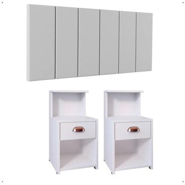 Imagem de Kit 2 Mesinhas Gaveta Prateleira Suspensa Cléo Cabeceira Estofada Corino Júlia Cama Casal 1,40 Quarto Branco - RPM