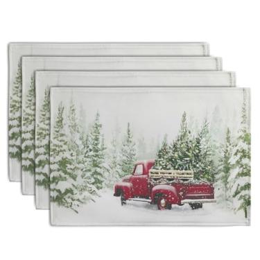 Imagem de Wnoesat Jogo americano de Natal para caminhão vermelho, conjunto de 4, 30,5 x 45,7 cm, pinheiro, verde, neve, Natal, sazonal, rústico, fazenda, tecido de linho, para decoração de inverno, festa