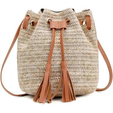 Imagem de Bolsas Crossbody Para Mulheres Borlas De Verão Balde Crossbody Bolsa De Ombro Praia Palha Tecida Tote Bag, Brown, A
