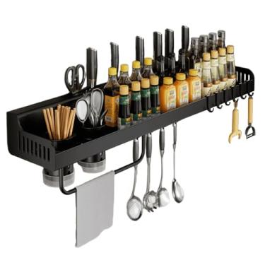 Imagem de Prateleira Organizadora Cozinha - Porta Temperos e Condimentos com 8 Ganchos, Suporte para Facas, Talheres e Utensílios, 60cm, Preto, Não Perfura Paredes